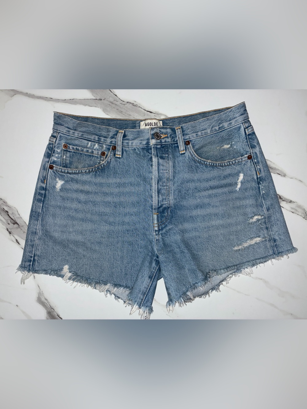 Agolde Parker Long 29 Swapmeet Distressed Denim Jean Shorts
